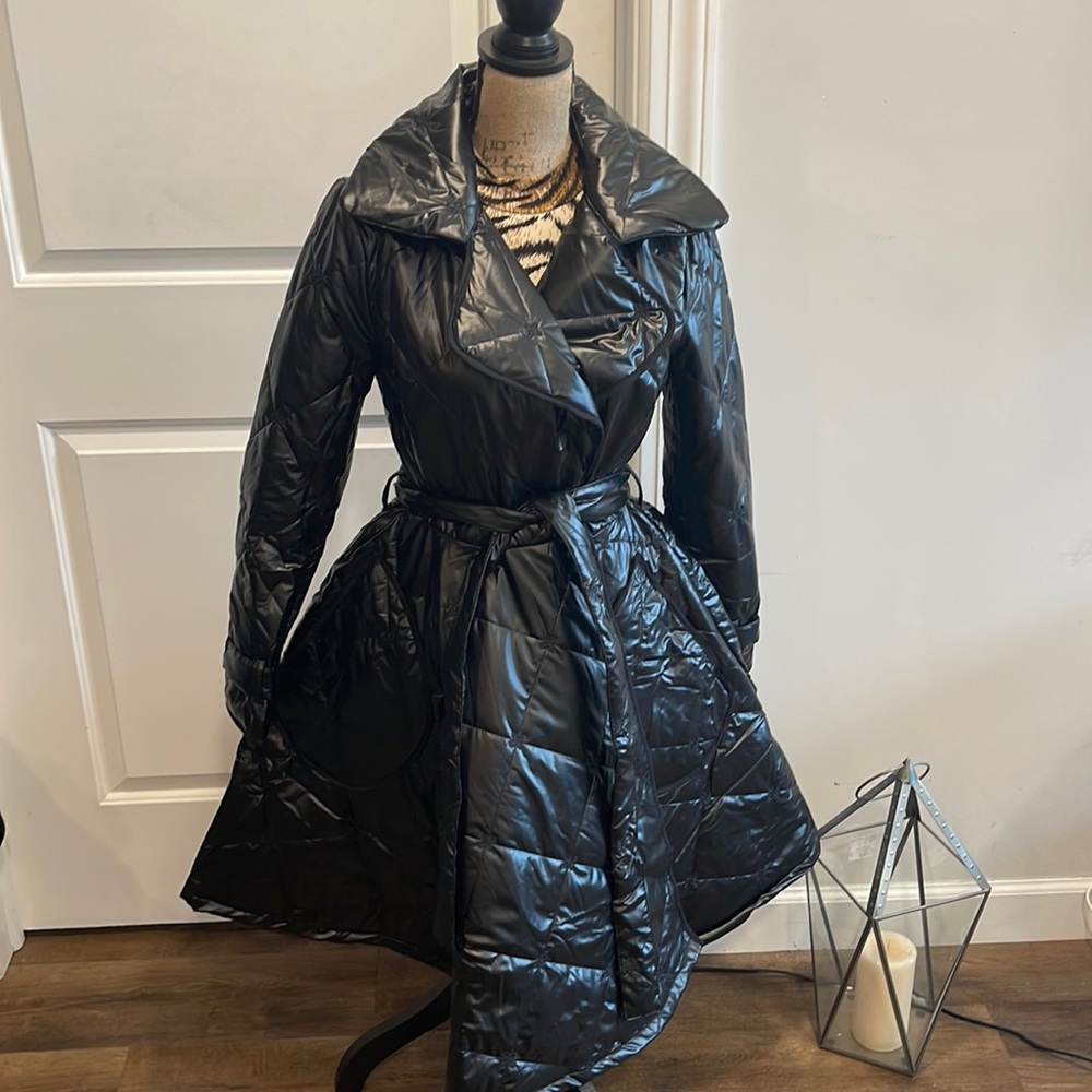 Black trench coat, leather material